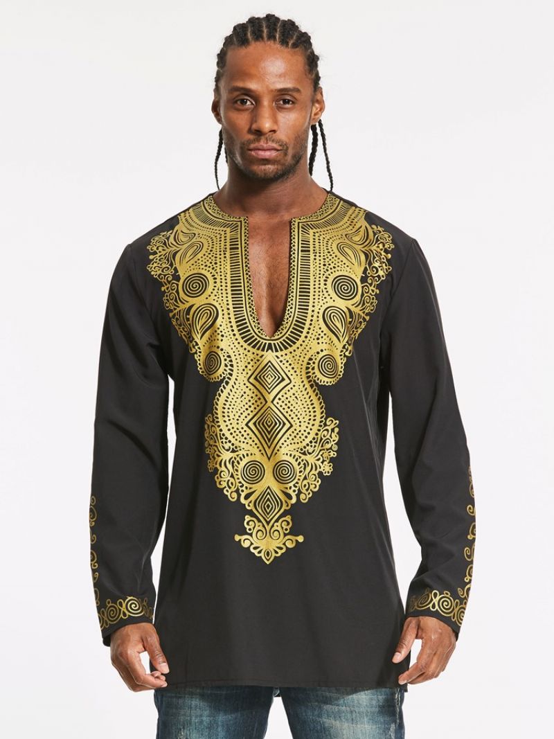 African Moda Dashiki Color Block Print Mid-Length Slim Męska Koszula