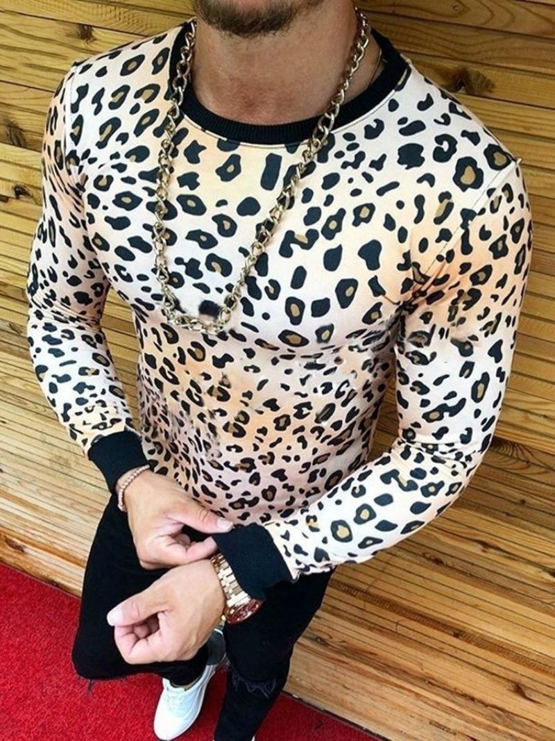 Modna Koszulka Męska Z Okrągłym Dekoltem I Długim Rękawem W Stylu Leopard