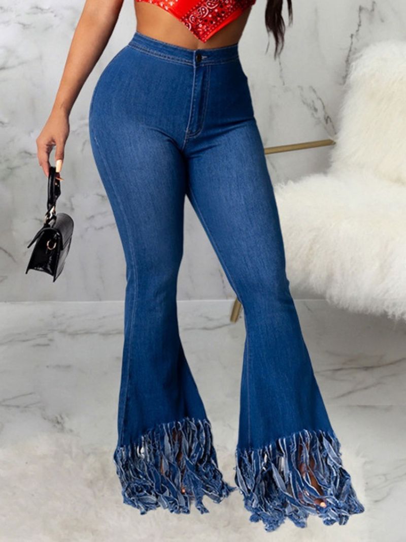 Jeansy Z Frędzlami Bellbottoms Plain Zipper Slim