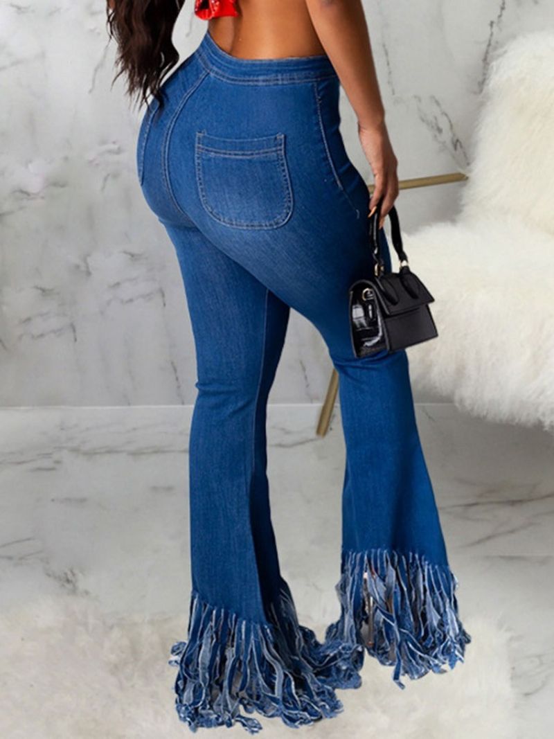 Jeansy Z Frędzlami Bellbottoms Plain Zipper Slim