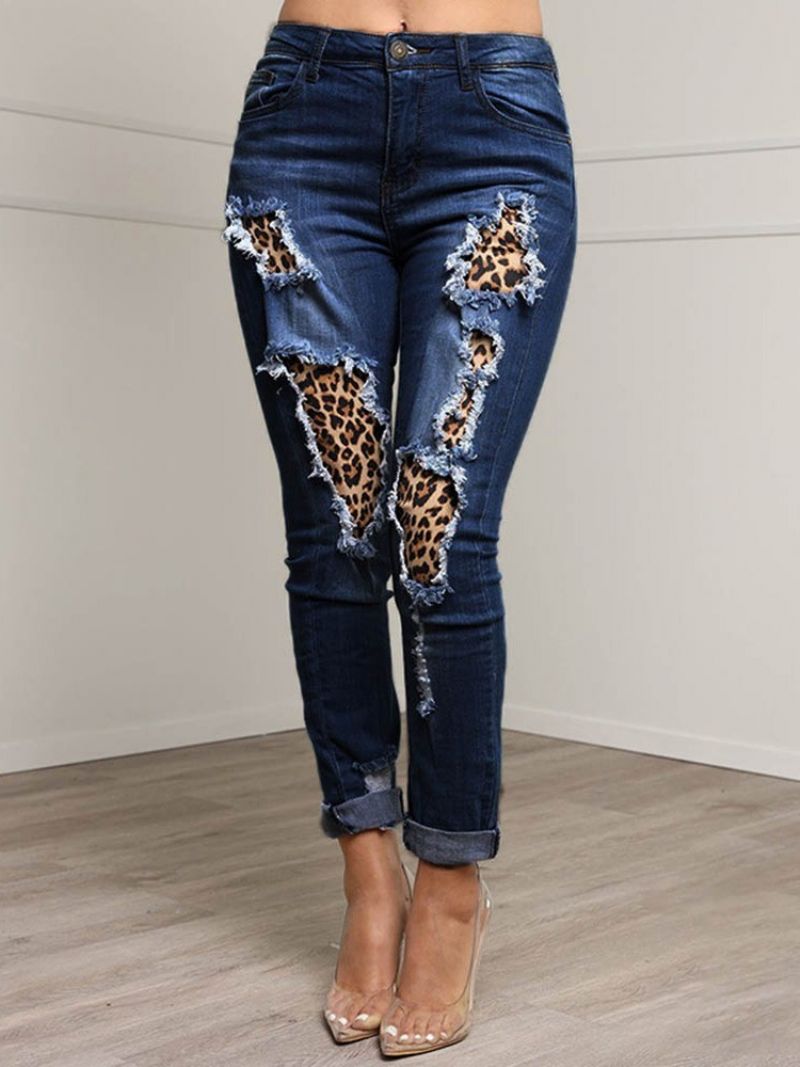 Patchwork Leopard Ołówek Spodnie Zipper Damskie Slim Dżinsy