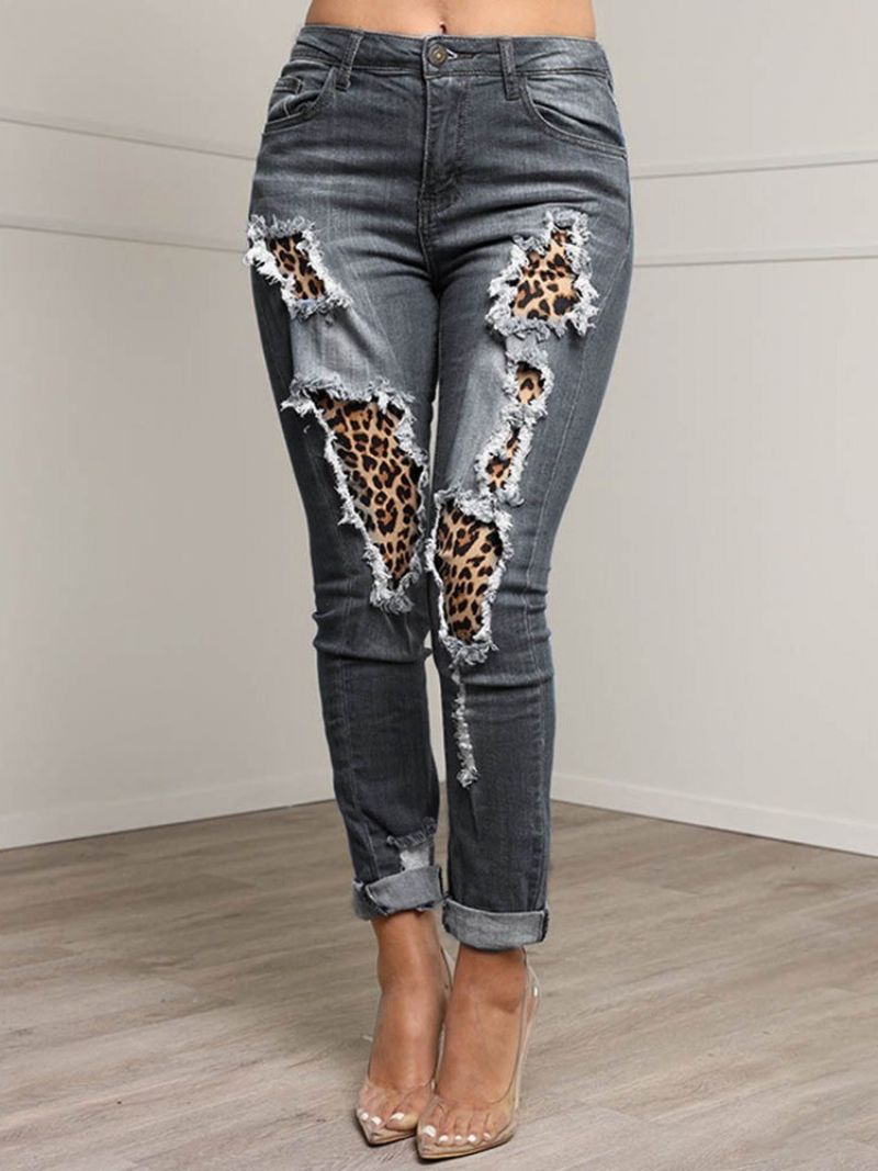 Patchwork Leopard Ołówek Spodnie Zipper Damskie Slim Dżinsy