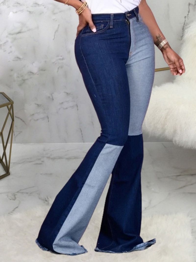 Plus Size Kieszonkowe Bloki Kolorów Bellbottoms Zipper Slim Jeans