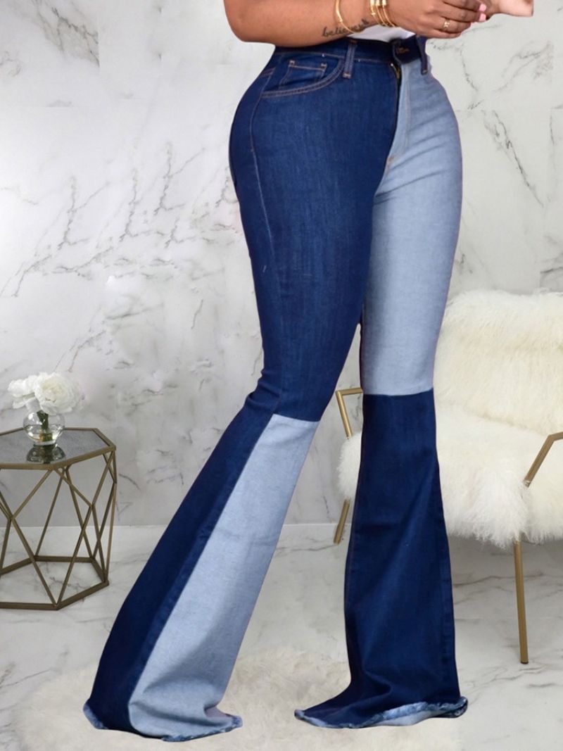 Plus Size Kieszonkowe Bloki Kolorów Bellbottoms Zipper Slim Jeans