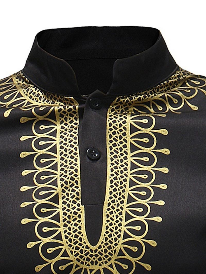 Afrykańska Moda Golden Black Dashiki Print Stand Collar Męskie Koszule