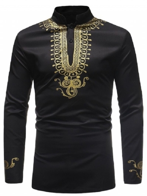 Afrykańska Moda Golden Black Dashiki Print Stand Collar Męskie Koszule