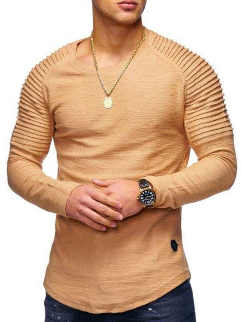 Okrągły Dekolt Casual Plain Pullover Casual T-Shirt Z Długim Rękawem