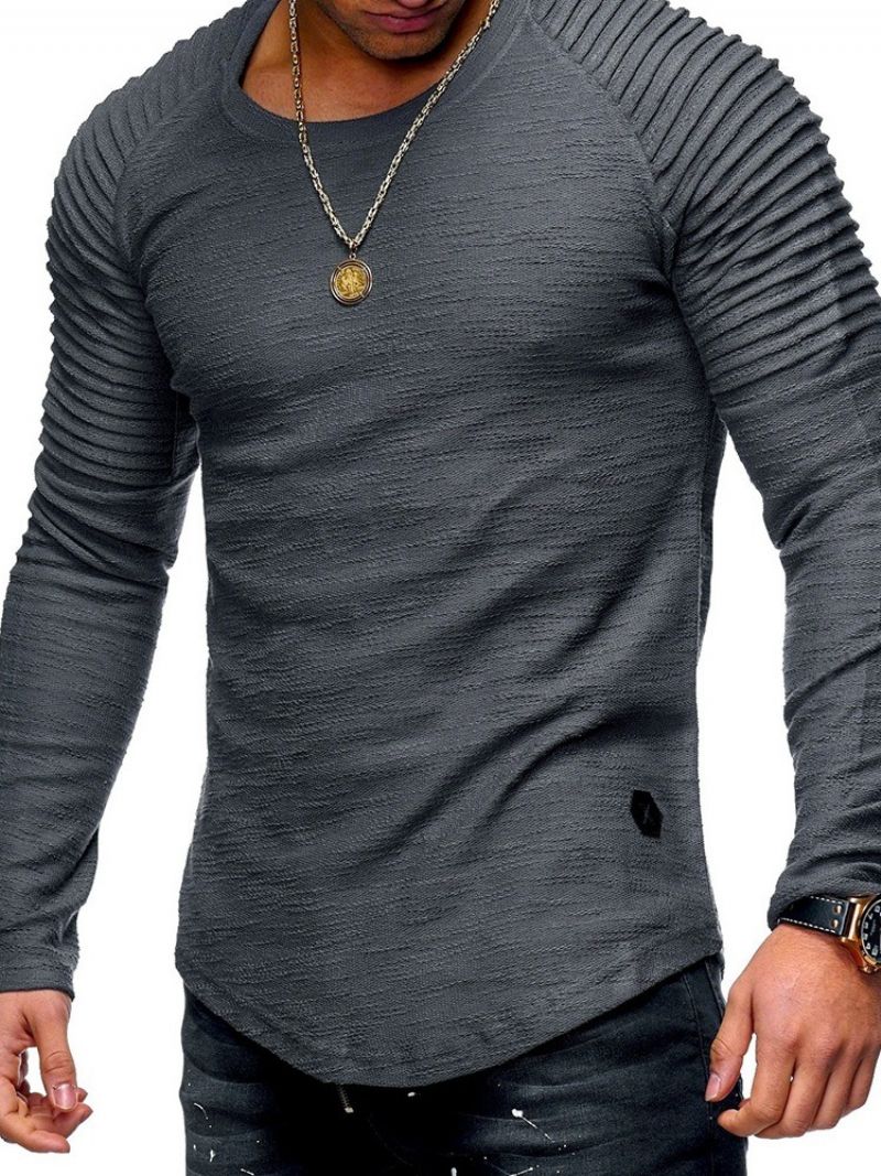 Okrągły Dekolt Casual Plain Pullover Casual T-Shirt Z Długim Rękawem