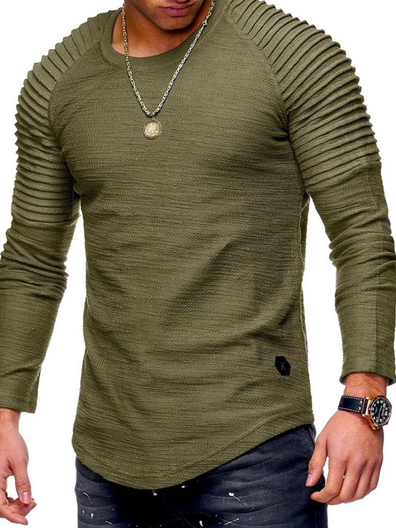 Okrągły Dekolt Casual Plain Pullover Casual T-Shirt Z Długim Rękawem