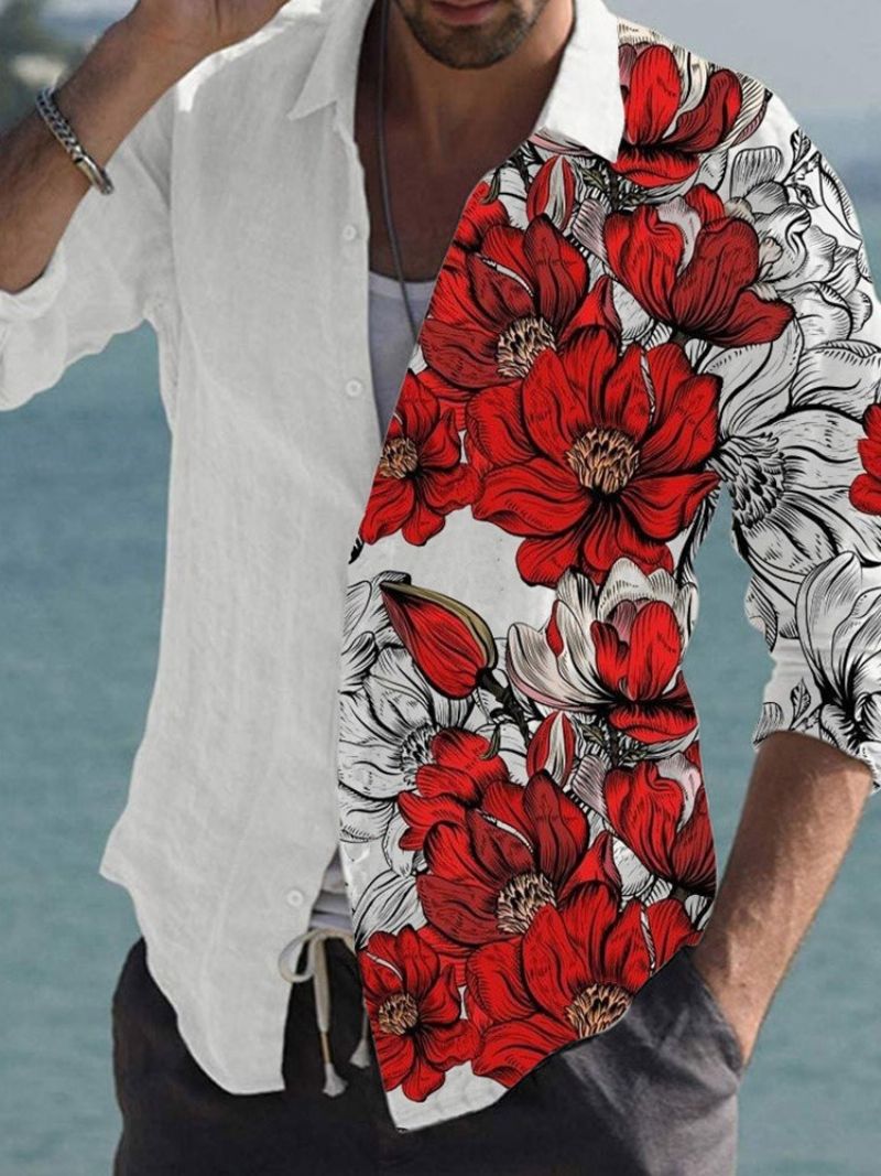 Tiktok Floral Print Lapel Casual Jednorzędowa Wąska Koszula