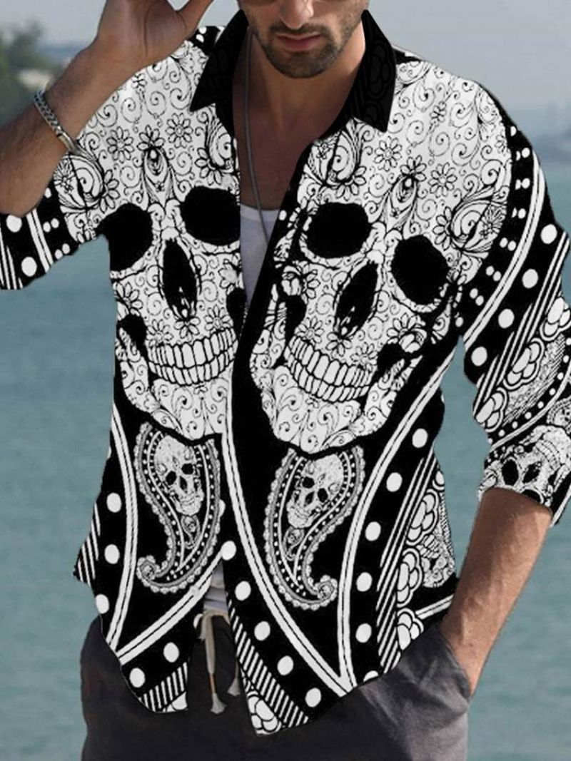 Tiktok Lapel Print Skull Slim Letnia Koszula