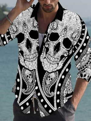 Tiktok Lapel Print Skull Slim Letnia Koszula