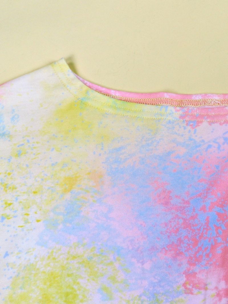 Tie Dye Luźna Letnia Koszulka Z Długim Rękawem O Średniej Długości Z Skośnym Kołnierzem