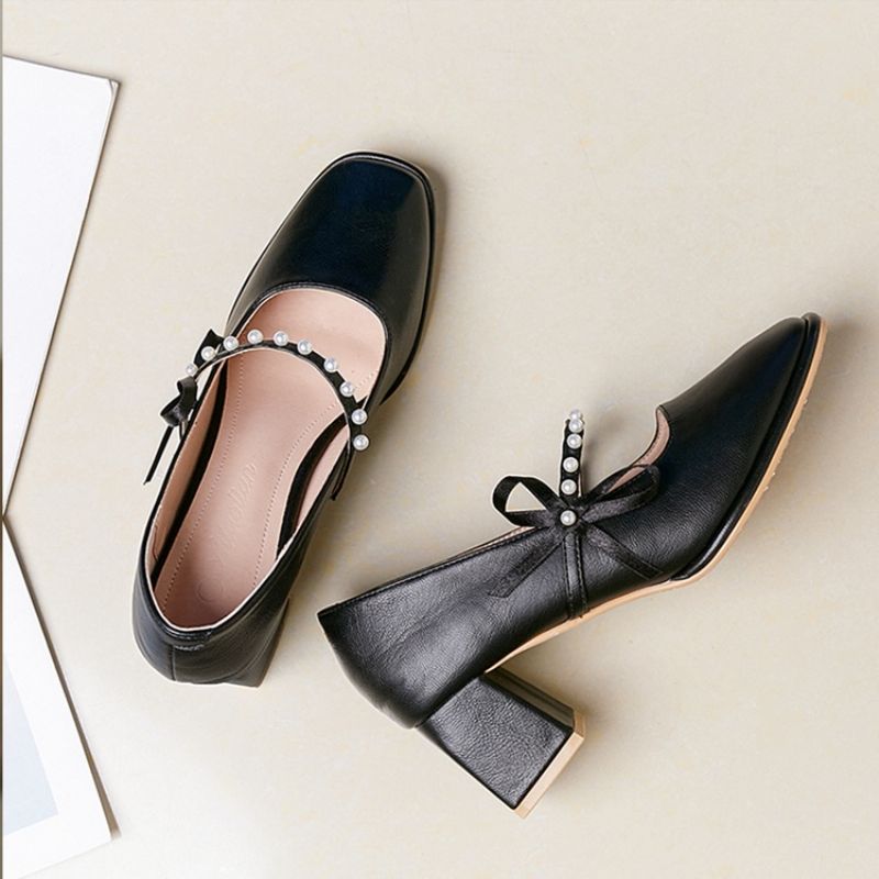 Chunky Heel Square Toe Bow Koreańskie Cienkie Buty