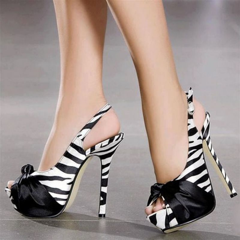 Zebra Patchwork Peep Toe Szpilki Sandały