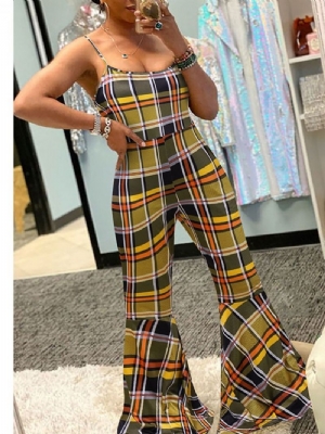 Plaid Moda Patchwork Bellbottoms Damski Kombinezon O Wąskim Kroju