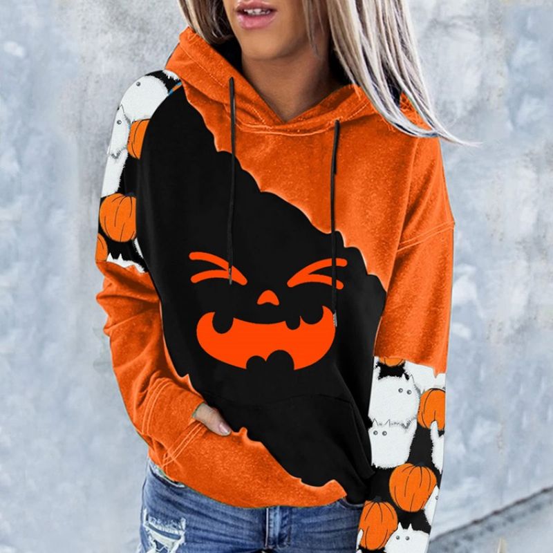 Halloweenowy Kolorowy Blokowy Nadruk Raglanowy Rękaw Zimowa Bluza Z Długim Rękawem