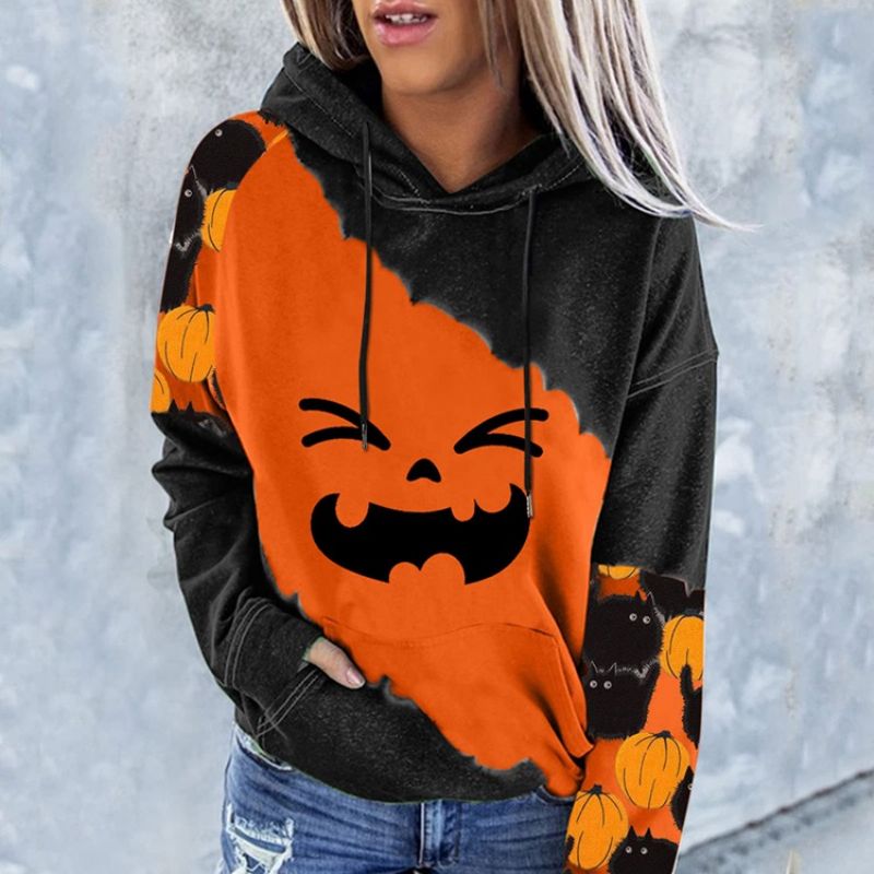 Halloweenowy Kolorowy Blokowy Nadruk Raglanowy Rękaw Zimowa Bluza Z Długim Rękawem