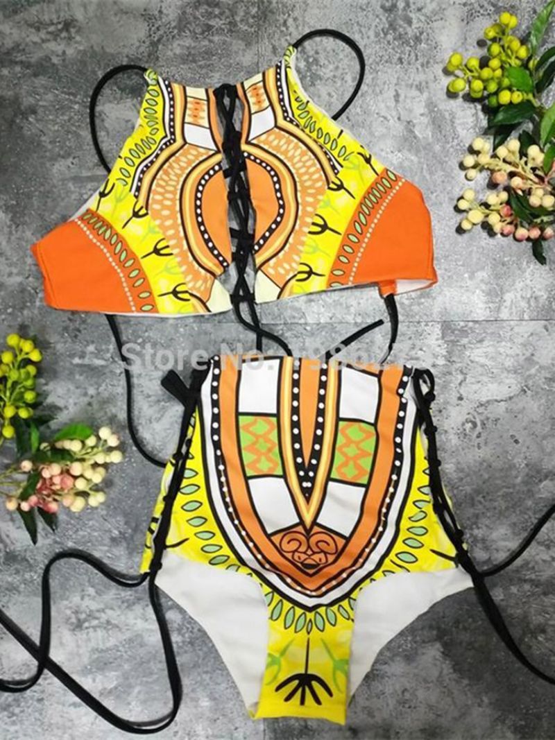 Plus Rozmiar Dashiki African Print Hollow High Waist 2-Częściowe Kostiumy Bikini