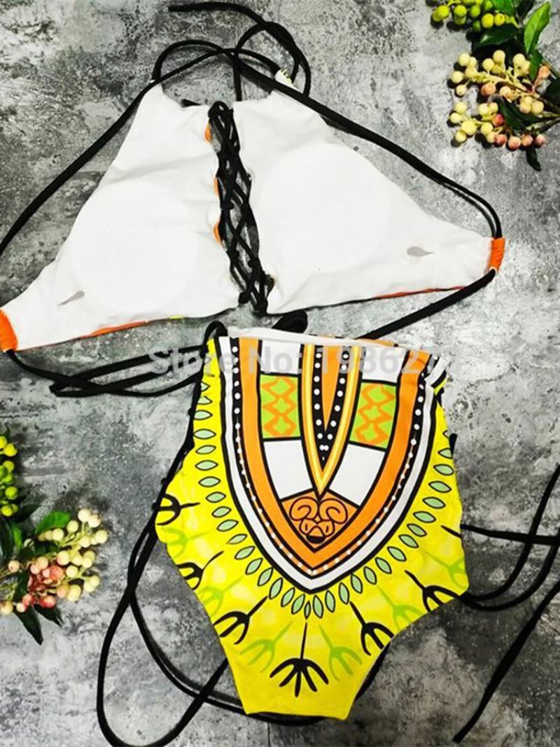 Plus Rozmiar Dashiki African Print Hollow High Waist 2-Częściowe Kostiumy Bikini