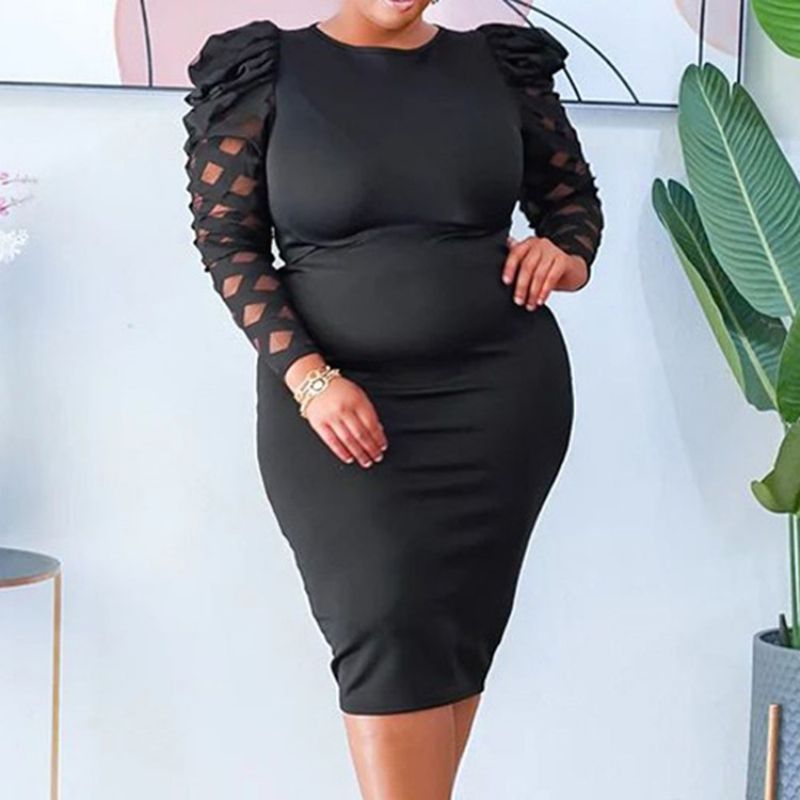 Plus Size Do Połowy Łydki Patchworkowa Sukienka Z Okrągłym Dekoltem Western Jednolita Sukienka Bodycon