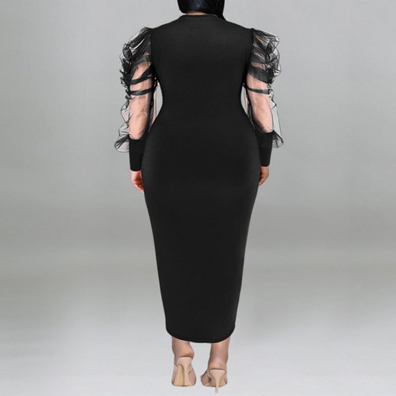 Plus Size Okrągła Siateczka Z Długimi Rękawami Bodycon Z Bufiastymi Rękawami Bodycon Dress