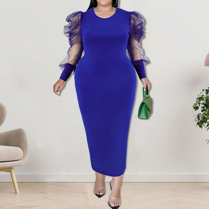 Plus Size Okrągła Siateczka Z Długimi Rękawami Bodycon Z Bufiastymi Rękawami Bodycon Dress