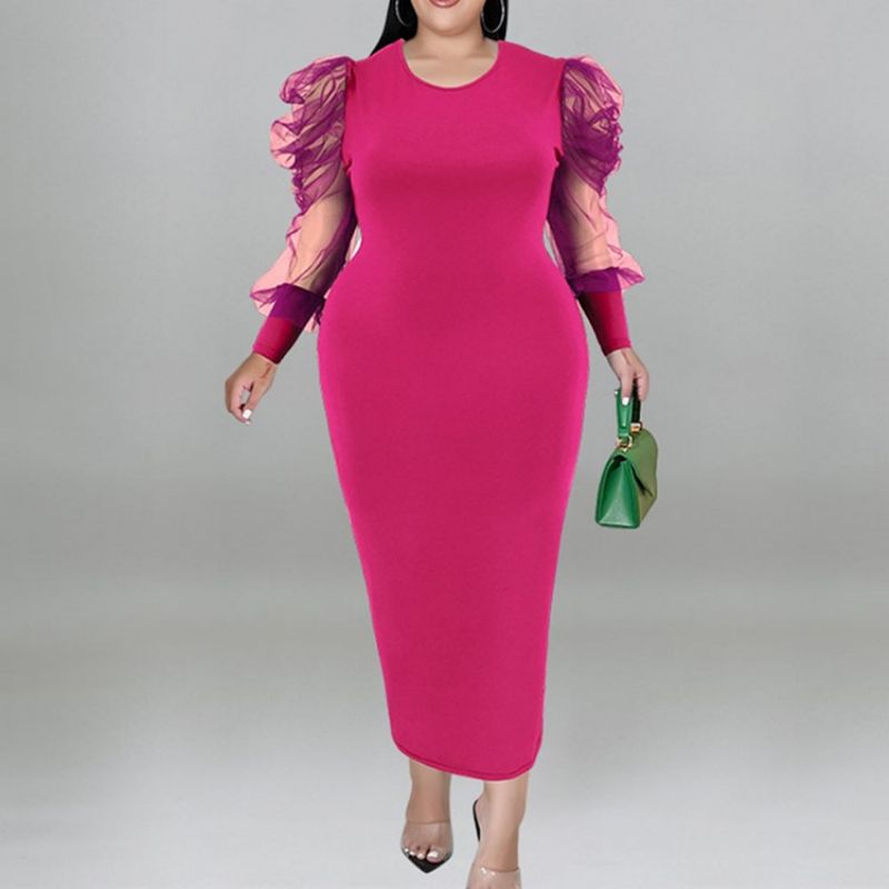 Plus Size Okrągła Siateczka Z Długimi Rękawami Bodycon Z Bufiastymi Rękawami Bodycon Dress