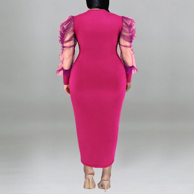 Plus Size Okrągła Siateczka Z Długimi Rękawami Bodycon Z Bufiastymi Rękawami Bodycon Dress