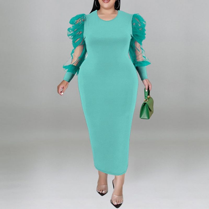 Plus Size Okrągła Siateczka Z Długimi Rękawami Bodycon Z Bufiastymi Rękawami Bodycon Dress