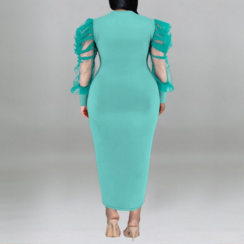 Plus Size Okrągła Siateczka Z Długimi Rękawami Bodycon Z Bufiastymi Rękawami Bodycon Dress