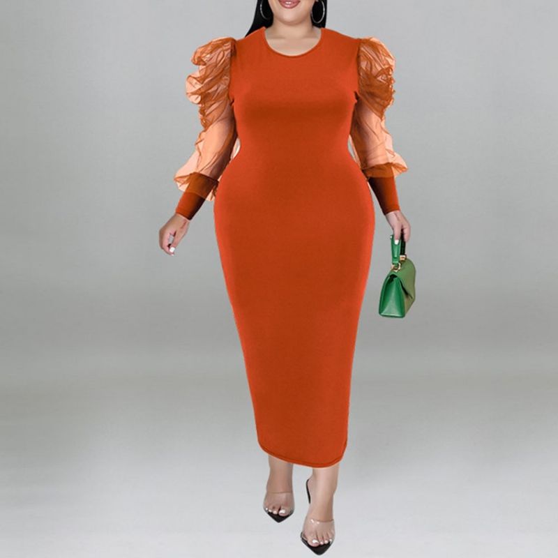 Plus Size Okrągła Siateczka Z Długimi Rękawami Bodycon Z Bufiastymi Rękawami Bodycon Dress