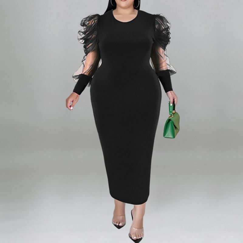 Plus Size Okrągła Siateczka Z Długimi Rękawami Bodycon Z Bufiastymi Rękawami Bodycon Dress