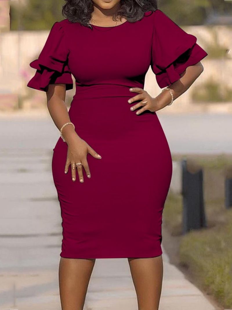 Plus Size Pojedyncza Sukienka Bodycon Z Okrągłym Dekoltem I Falbanami