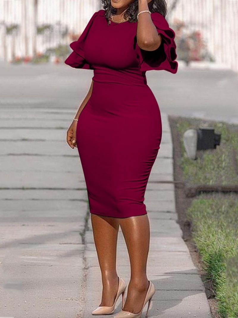 Plus Size Pojedyncza Sukienka Bodycon Z Okrągłym Dekoltem I Falbanami