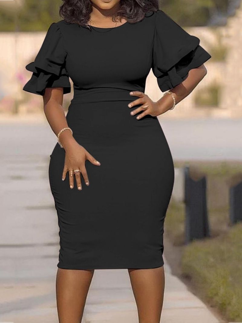 Plus Size Pojedyncza Sukienka Bodycon Z Okrągłym Dekoltem I Falbanami