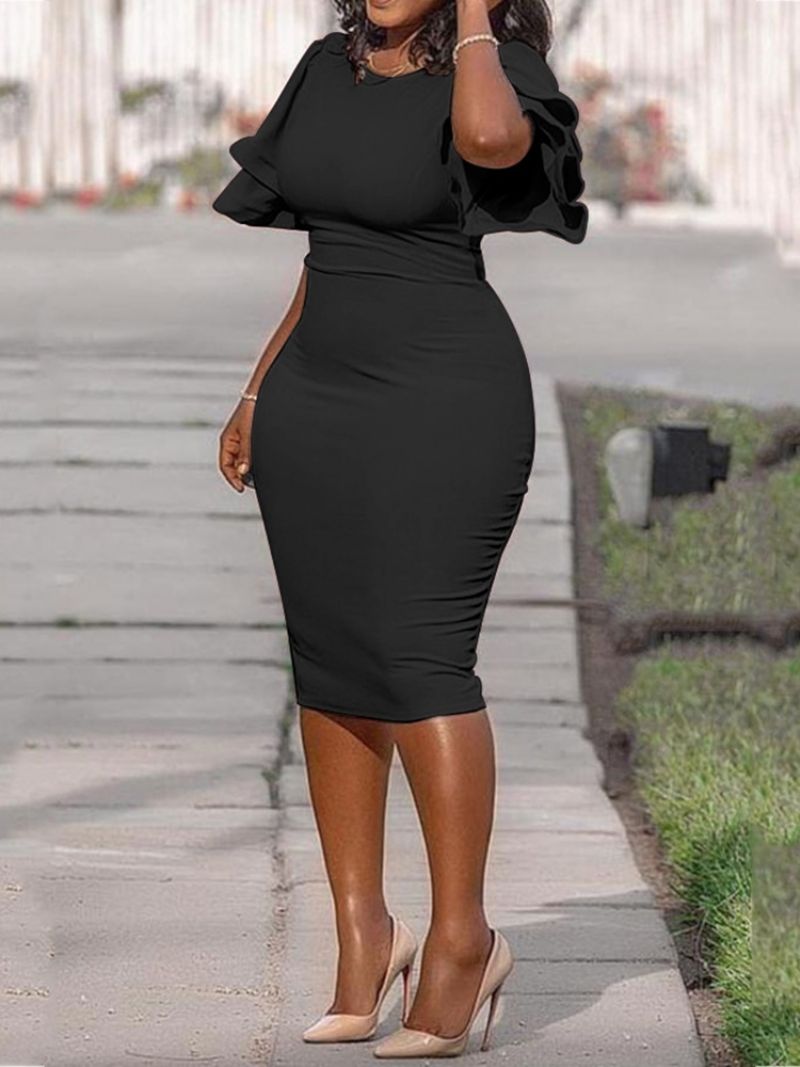 Plus Size Pojedyncza Sukienka Bodycon Z Okrągłym Dekoltem I Falbanami