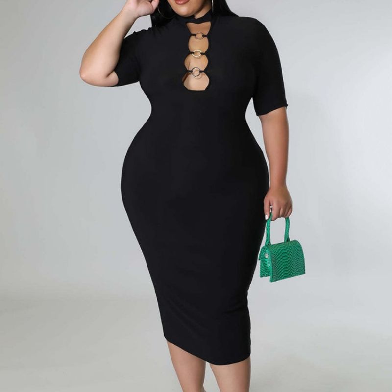 Plus Size Sukienka Bodycon Z Wycięciem Do Połowy Łydki Ze Stójką