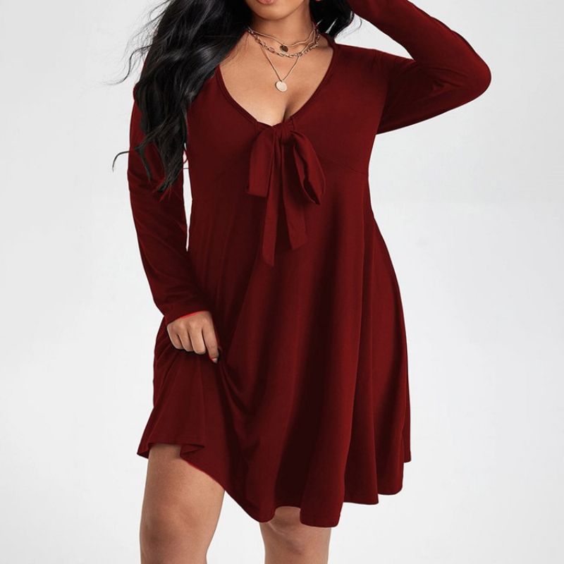 Plus Size Sweter Z Długim Rękawem I Kokardą Do Kolan Regular Casual Dress