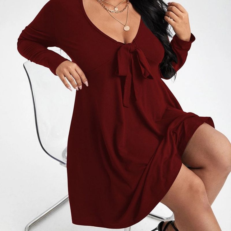 Plus Size Sweter Z Długim Rękawem I Kokardą Do Kolan Regular Casual Dress