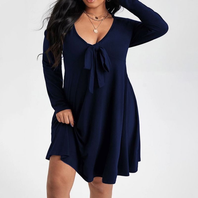 Plus Size Sweter Z Długim Rękawem I Kokardą Do Kolan Regular Casual Dress