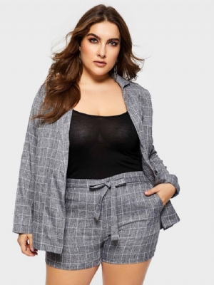 Plus Size Sznurowany Dwuczęściowy Płaszcz I Szorty W Kratę Z Szerokimi Nogawkami