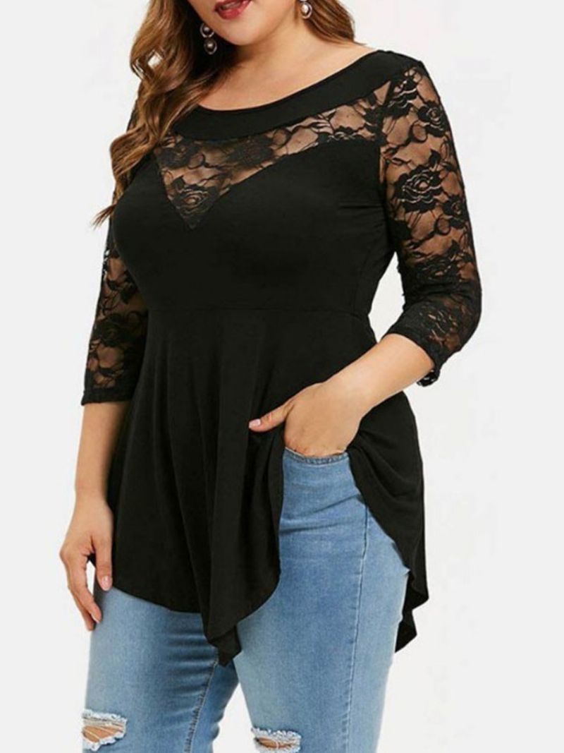 Plus Size T-Shirt O Średniej Długości Z Rękawem 3/4 I Swobodnym Jesiennym Stylem