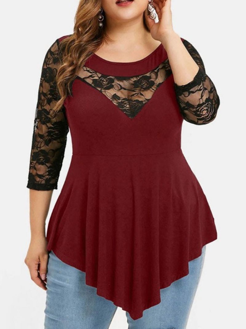 Plus Size T-Shirt O Średniej Długości Z Rękawem 3/4 I Swobodnym Jesiennym Stylem