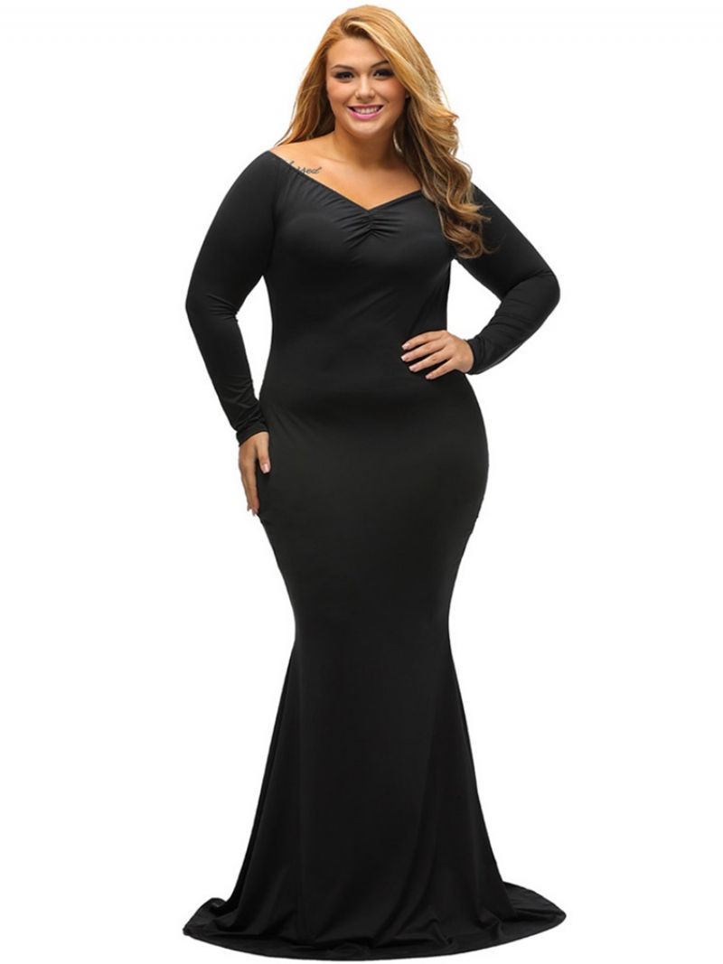 Plus Size Wąska Plisowana Sukienka Maxi Z Dekoltem W Serek