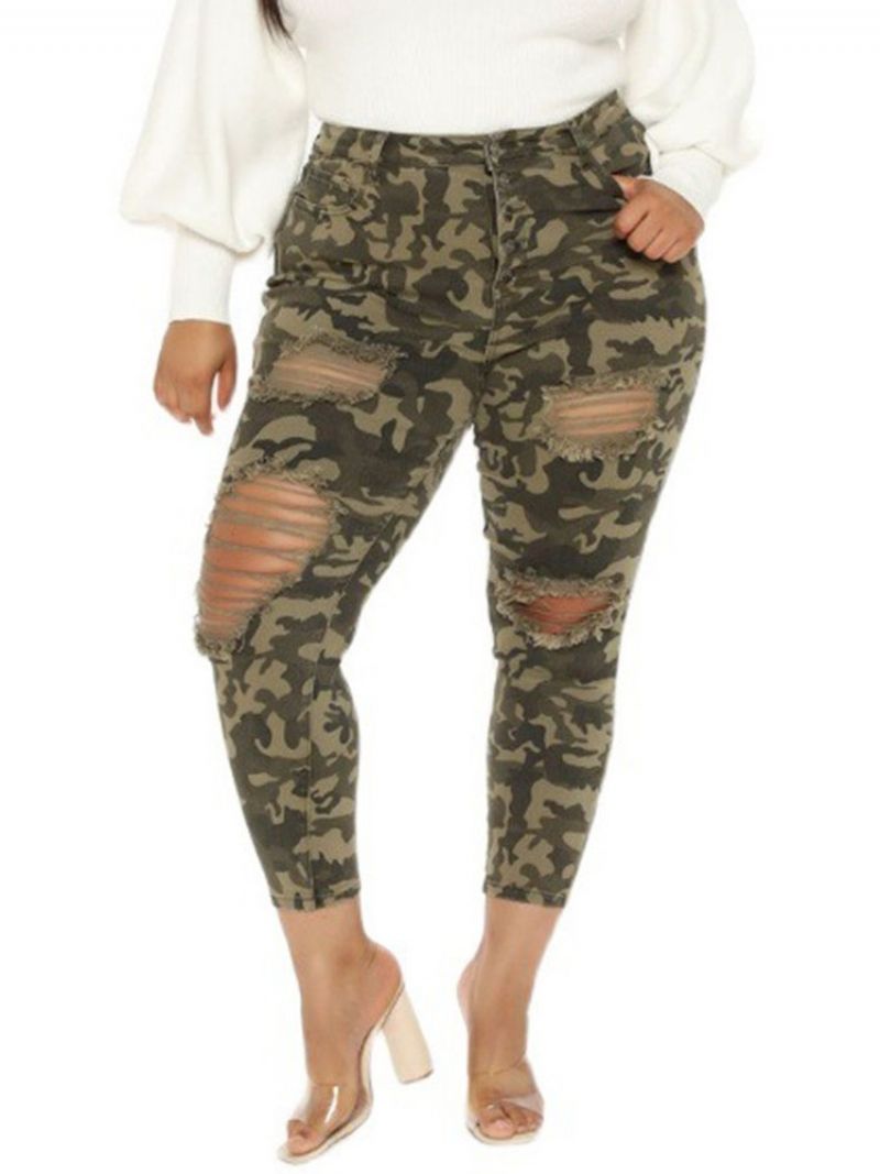 Skinny Hole Camouflage Pencil Pants Spodnie Damskie Do Kostek Plus Rozmiar