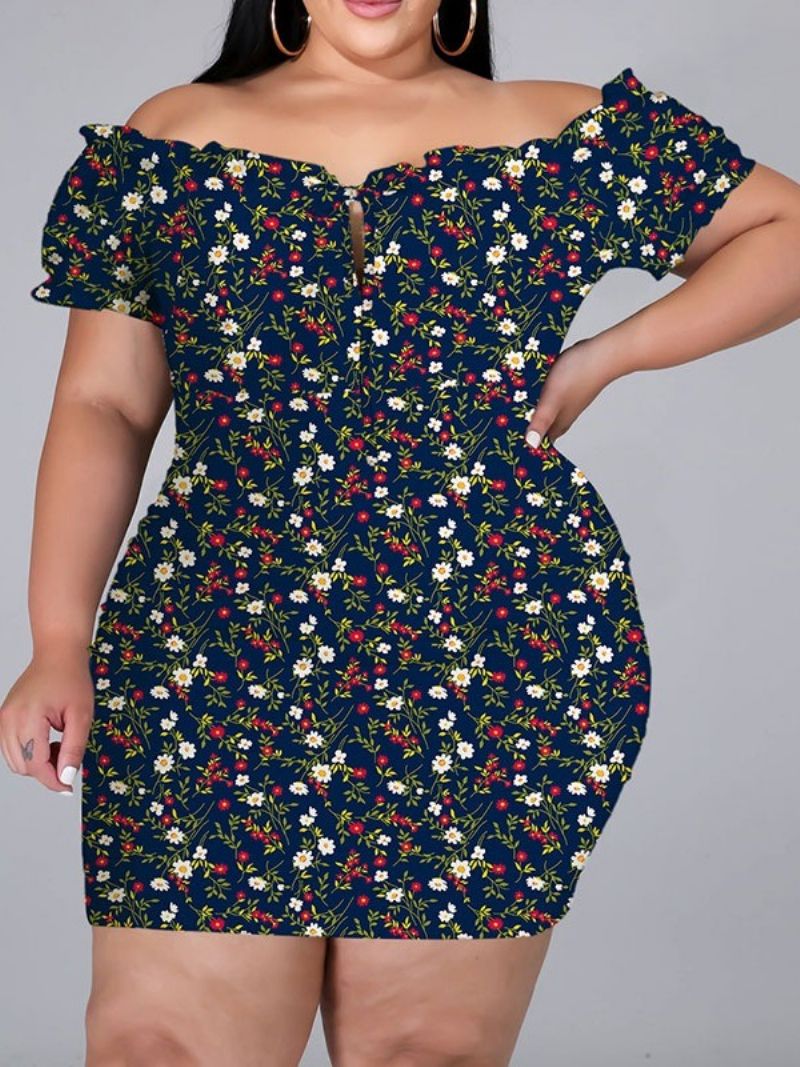 Sukienka Bodycon W Kwiaty Z Krótkim Rękawem I Nadrukiem Na Kolanach Plus Size