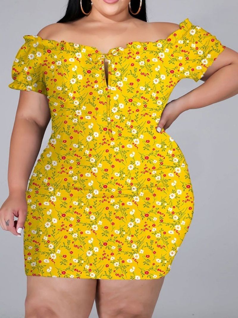 Sukienka Bodycon W Kwiaty Z Krótkim Rękawem I Nadrukiem Na Kolanach Plus Size