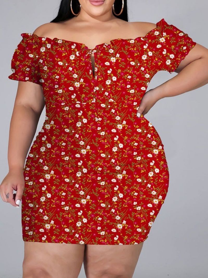 Sukienka Bodycon W Kwiaty Z Krótkim Rękawem I Nadrukiem Na Kolanach Plus Size