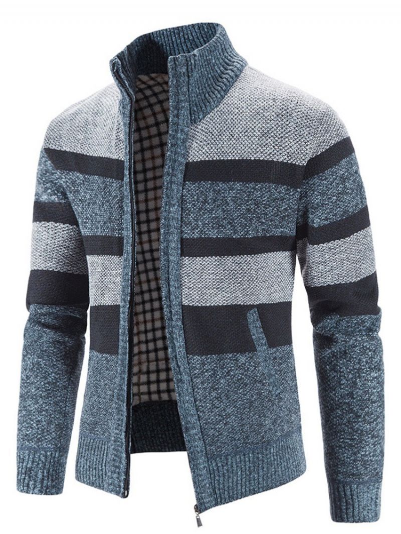 Patchwork Stripe Stand Collar Zipper Casual Sweter